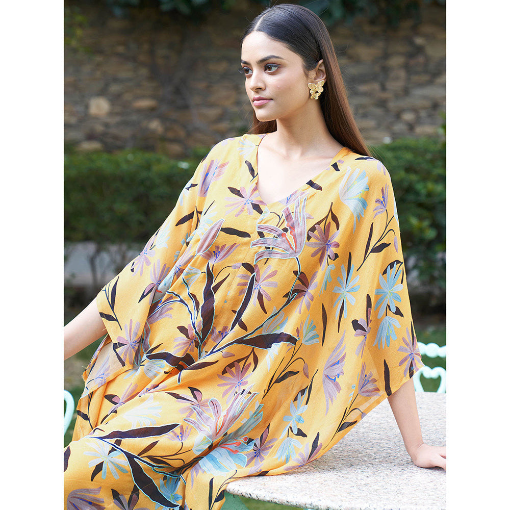 AFFROZ Summer Bloom Mustard Kaftan Jumpsuit with Inner (Set of 2)