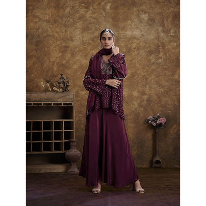 AFFROZ Sitaara Wine Flared Pant Top with Inner & Stole (Set of 4)