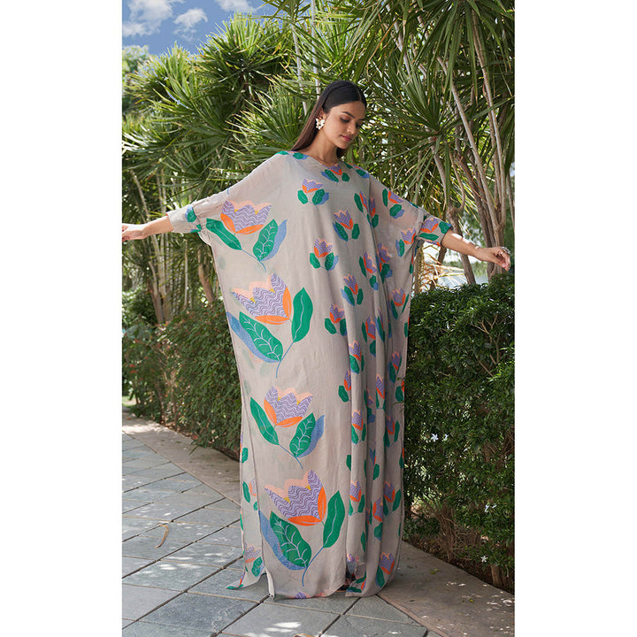 AFFROZ Summer Bloom Printed Grey Kaftan Dress with Inner (Set of 2)