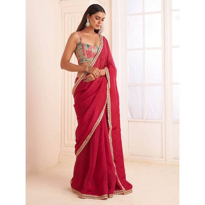 AFFROZ Rose Pink Organza Saree with Printed Stitched Blouse