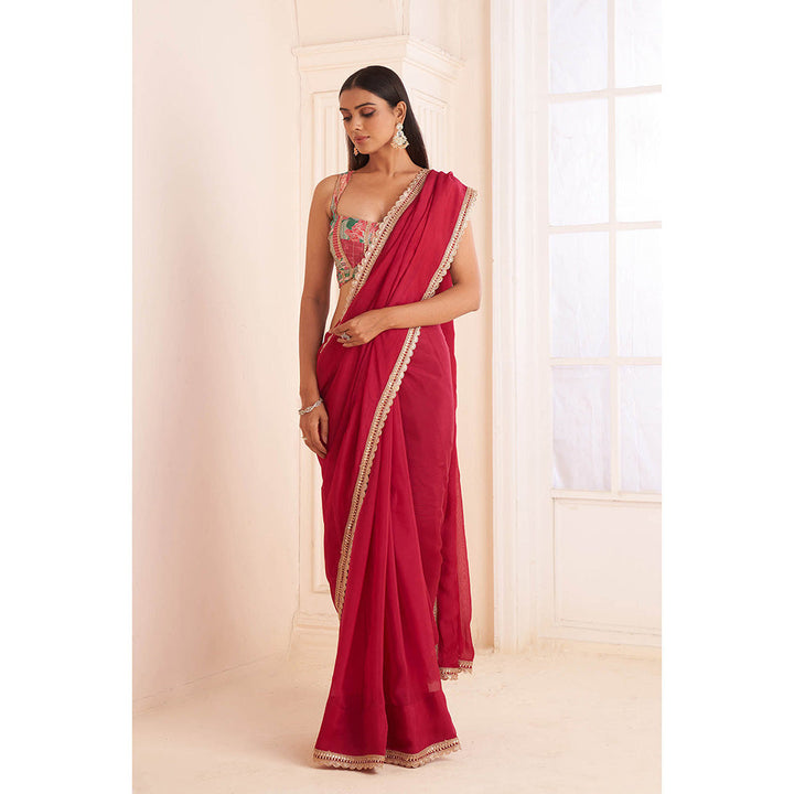 AFFROZ Rose Pink Organza Saree with Printed Stitched Blouse