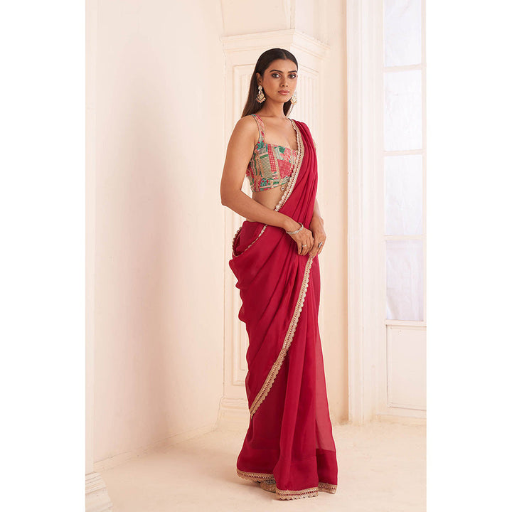 AFFROZ Rose Pink Organza Saree with Printed Stitched Blouse