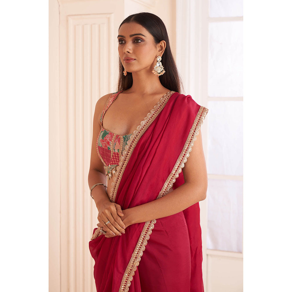 AFFROZ Rose Pink Organza Saree with Printed Stitched Blouse