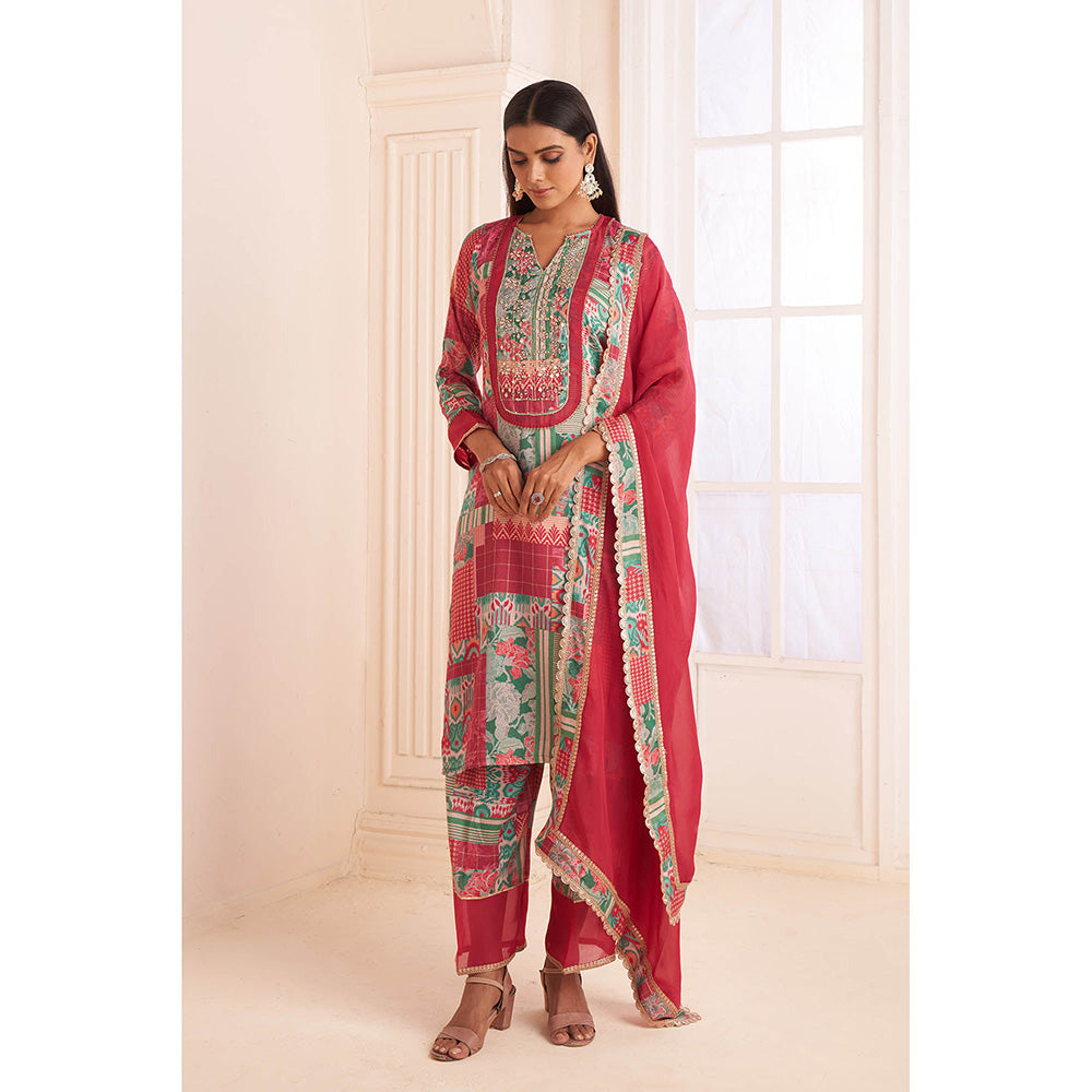 AFFROZ Multi-Color Printed- Embroidered Kurta with Palazzo and Dupatta (Set of 3)