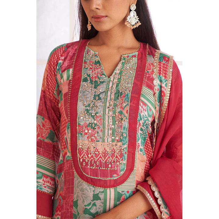 AFFROZ Multi-Color Printed- Embroidered Kurta with Palazzo and Dupatta (Set of 3)