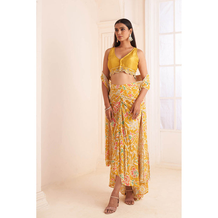 AFFROZ Mustard Printed- Embroidered Crop Top with Skirt and Dupatta (Set of 3)