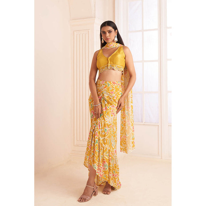 AFFROZ Mustard Printed- Embroidered Crop Top with Skirt and Dupatta (Set of 3)