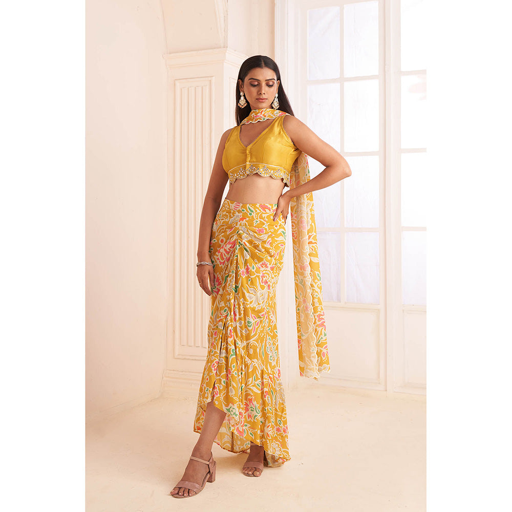 AFFROZ Mustard Printed- Embroidered Crop Top with Skirt and Dupatta (Set of 3)