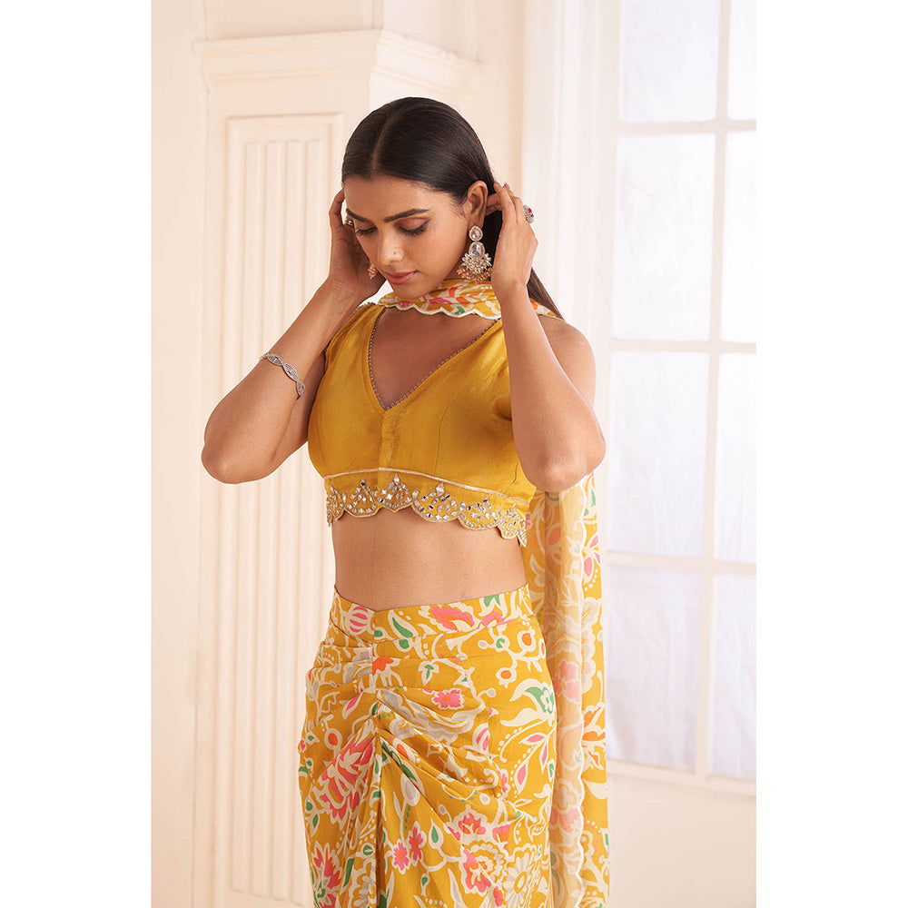 AFFROZ Mustard Printed- Embroidered Crop Top with Skirt and Dupatta (Set of 3)