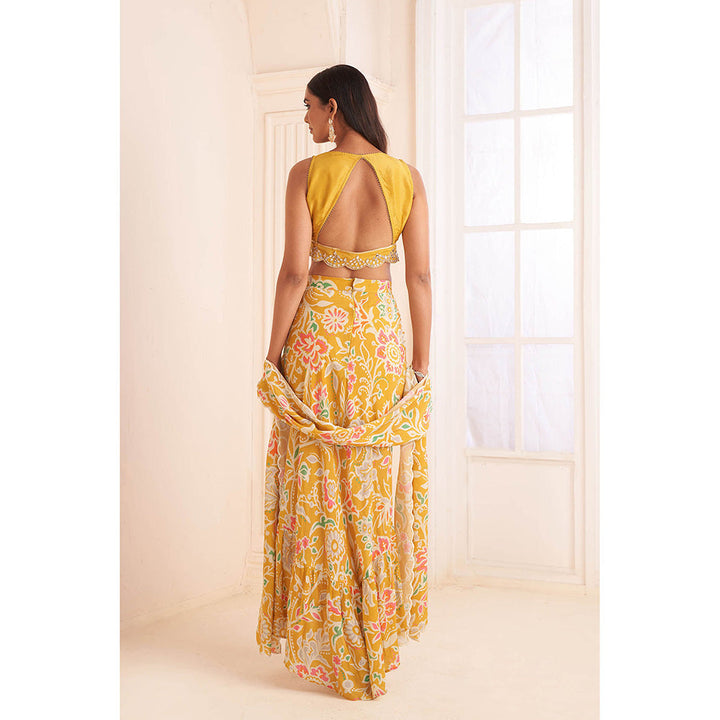 AFFROZ Mustard Printed- Embroidered Crop Top with Skirt and Dupatta (Set of 3)