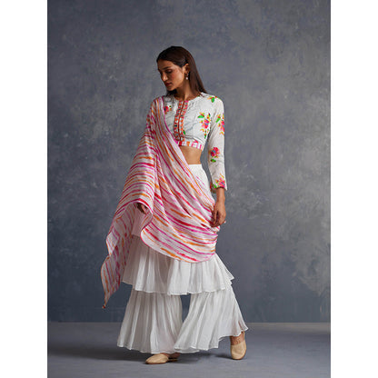 AFFROZ White Blossom Layered Sharara Saree with Crop Top