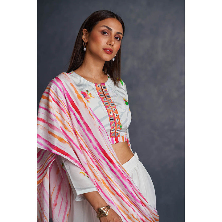 AFFROZ White Blossom Layered Sharara Saree with Crop Top