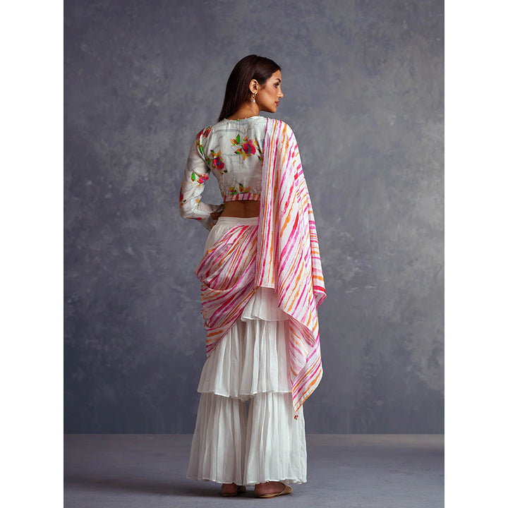 AFFROZ White Blossom Layered Sharara Saree with Crop Top