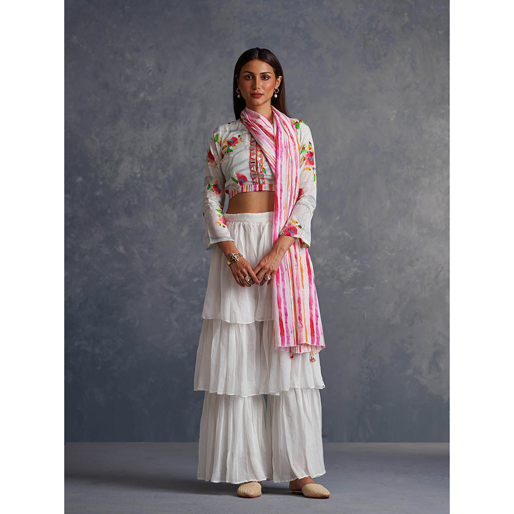 AFFROZ White Blossom Layered Sharara Saree with Crop Top