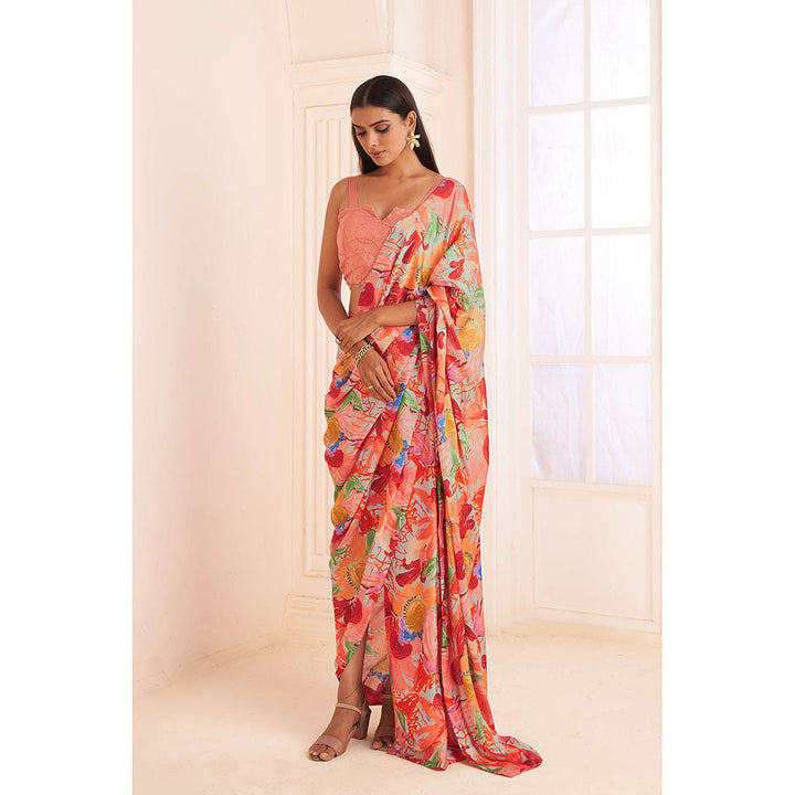 AFFROZ Blush Pink Print Pre-Draped Saree with Stitched Blouse