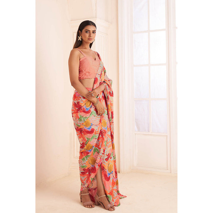 AFFROZ Blush Pink Print Pre-Draped Saree with Stitched Blouse