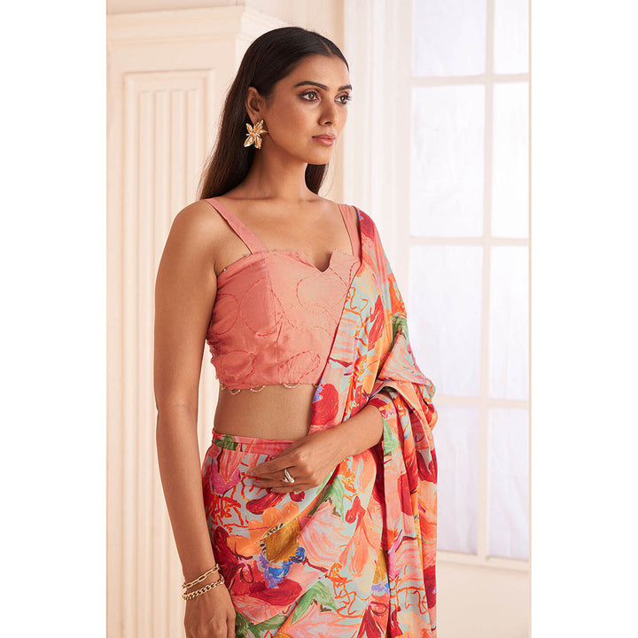 AFFROZ Blush Pink Print Pre-Draped Saree with Stitched Blouse