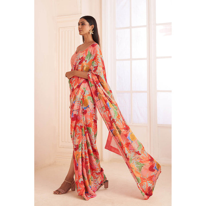 AFFROZ Blush Pink Print Pre-Draped Saree with Stitched Blouse