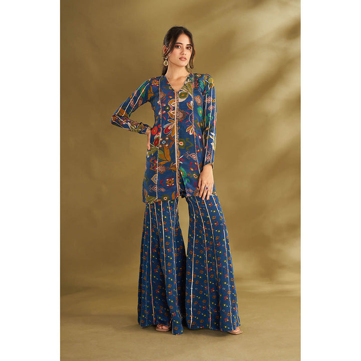 AFFROZ Blue Ikkat Print Kurta With Sharara (Set of 2)