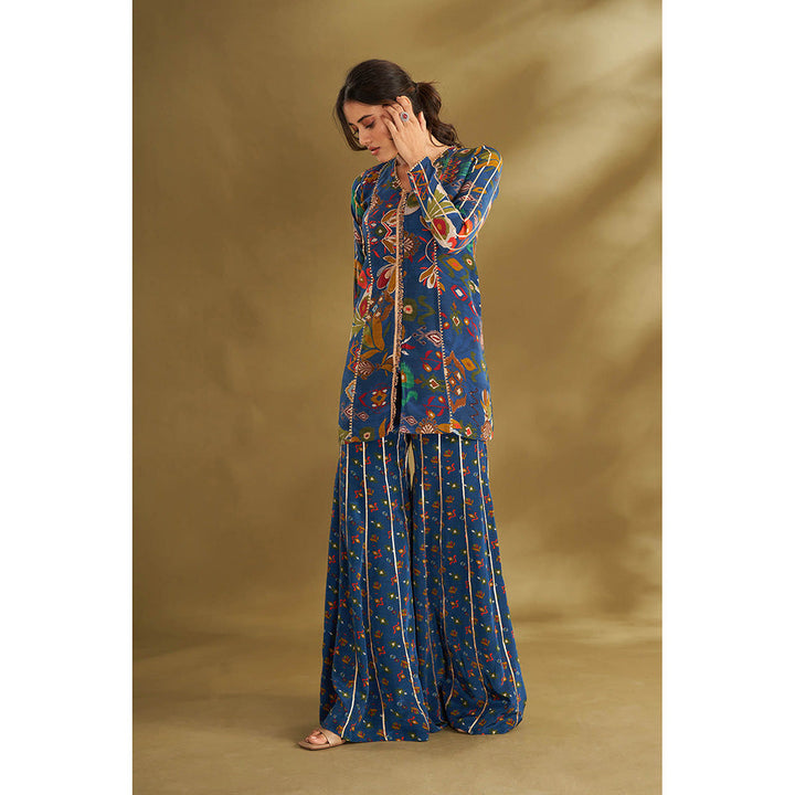 AFFROZ Blue Ikkat Print Kurta With Sharara (Set of 2)