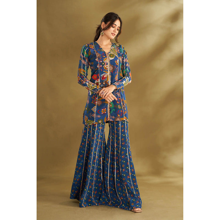 AFFROZ Blue Ikkat Print Kurta With Sharara (Set of 2)