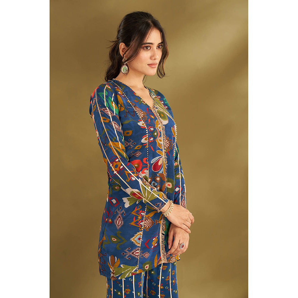 AFFROZ Blue Ikkat Print Kurta With Sharara (Set of 2)