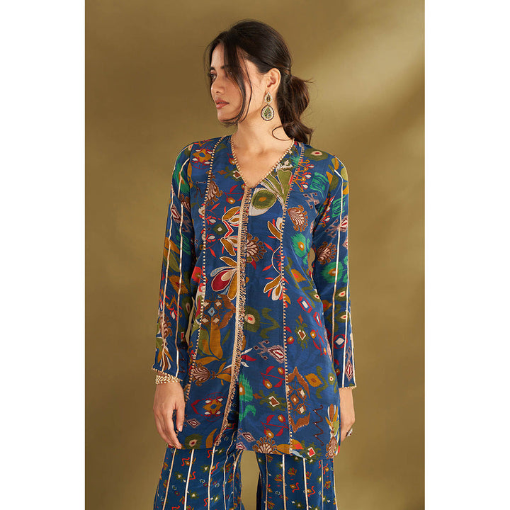 AFFROZ Blue Ikkat Print Kurta With Sharara (Set of 2)