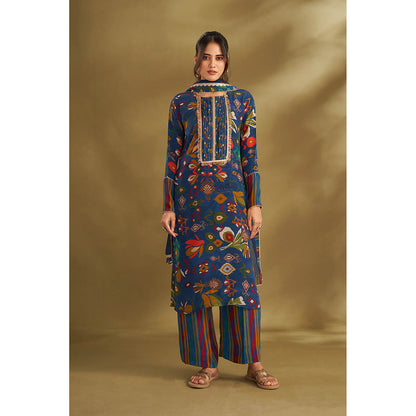 AFFROZ Blue Printed Kurta With Pant And Dupatta (Set of 3)