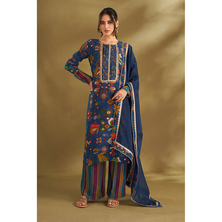 AFFROZ Blue Printed Kurta With Pant And Dupatta (Set of 3)