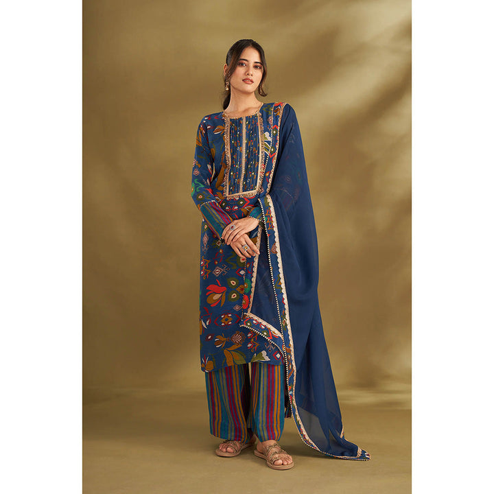 AFFROZ Blue Printed Kurta With Pant And Dupatta (Set of 3)