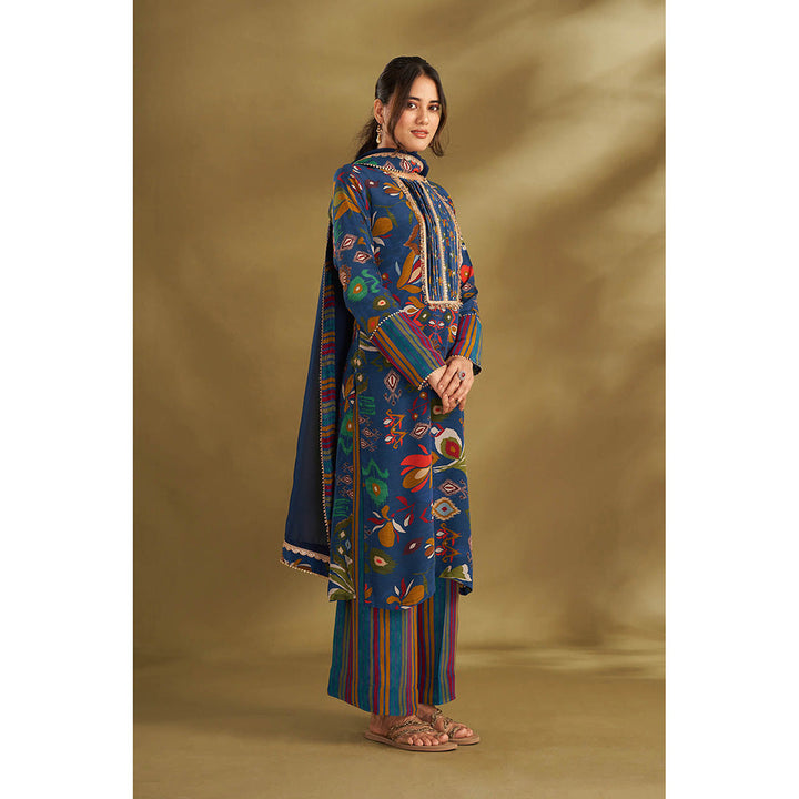 AFFROZ Blue Printed Kurta With Pant And Dupatta (Set of 3)