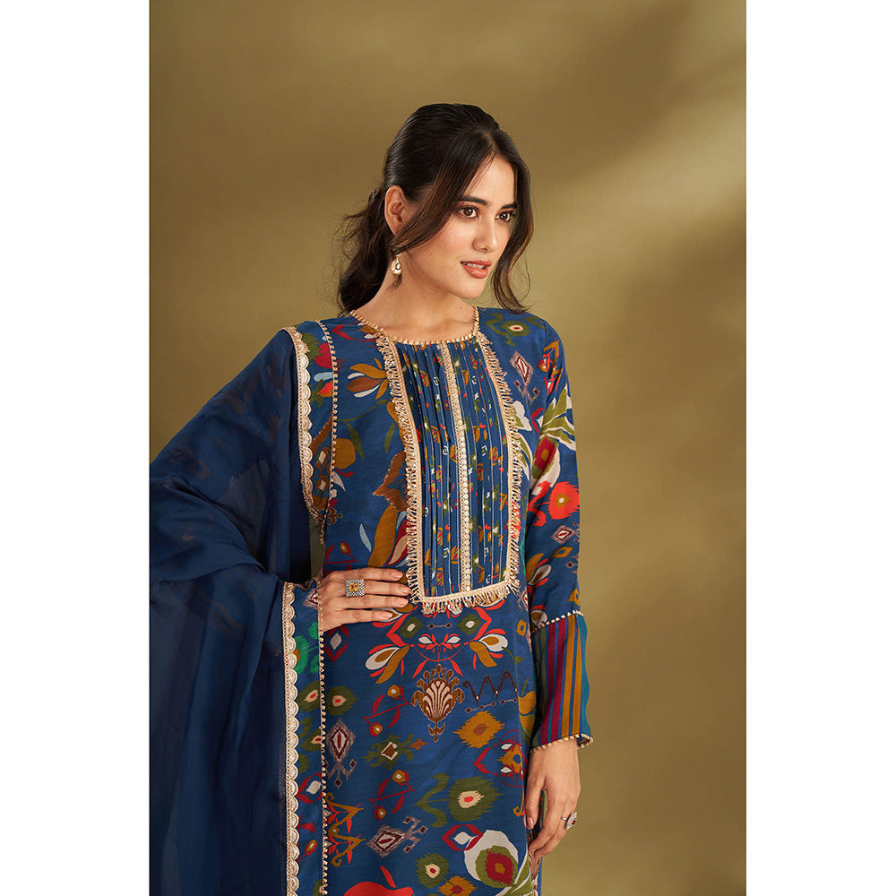 AFFROZ Blue Printed Kurta With Pant And Dupatta (Set of 3)