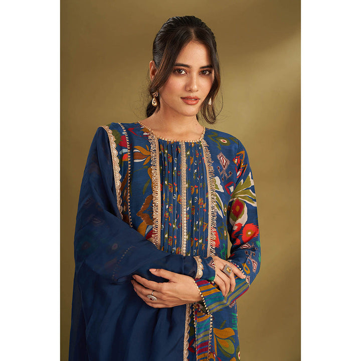 AFFROZ Blue Printed Kurta With Pant And Dupatta (Set of 3)