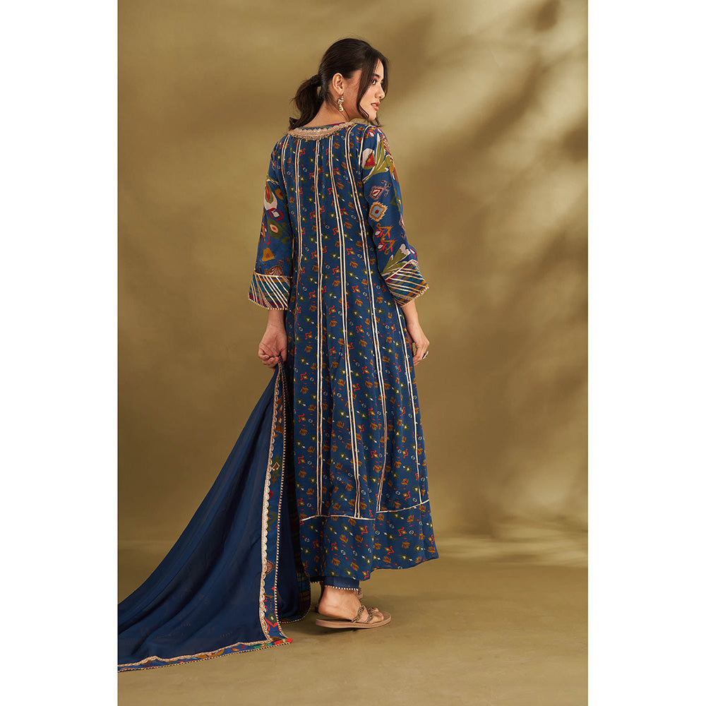 AFFROZ Blue Printed Anarkali With Pant And Dupatta (Set of 3)