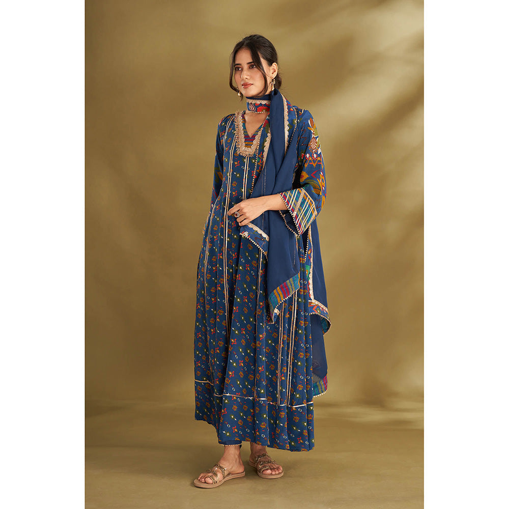 AFFROZ Blue Printed Anarkali With Pant And Dupatta (Set of 3)