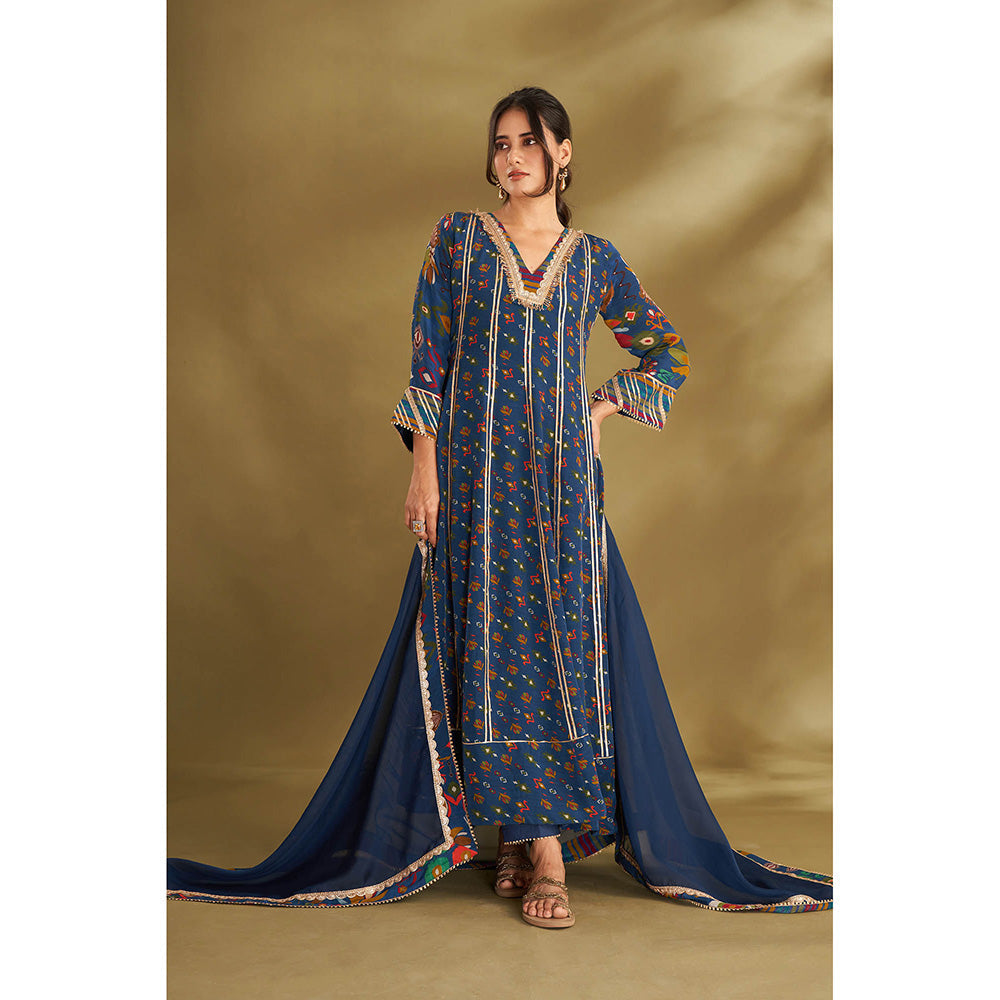 AFFROZ Blue Printed Anarkali With Pant And Dupatta (Set of 3)