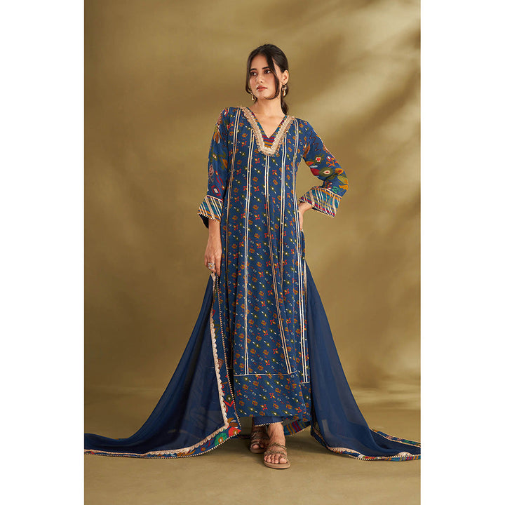 AFFROZ Blue Printed Anarkali With Pant And Dupatta (Set of 3)