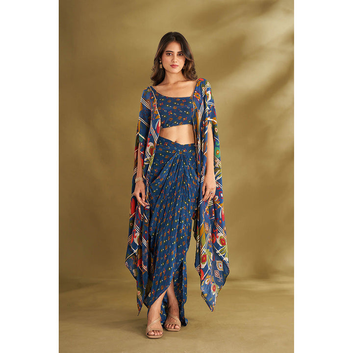 AFFROZ Blue Printed Drape Skirt With Attached Cape Blouse (Set of 2)