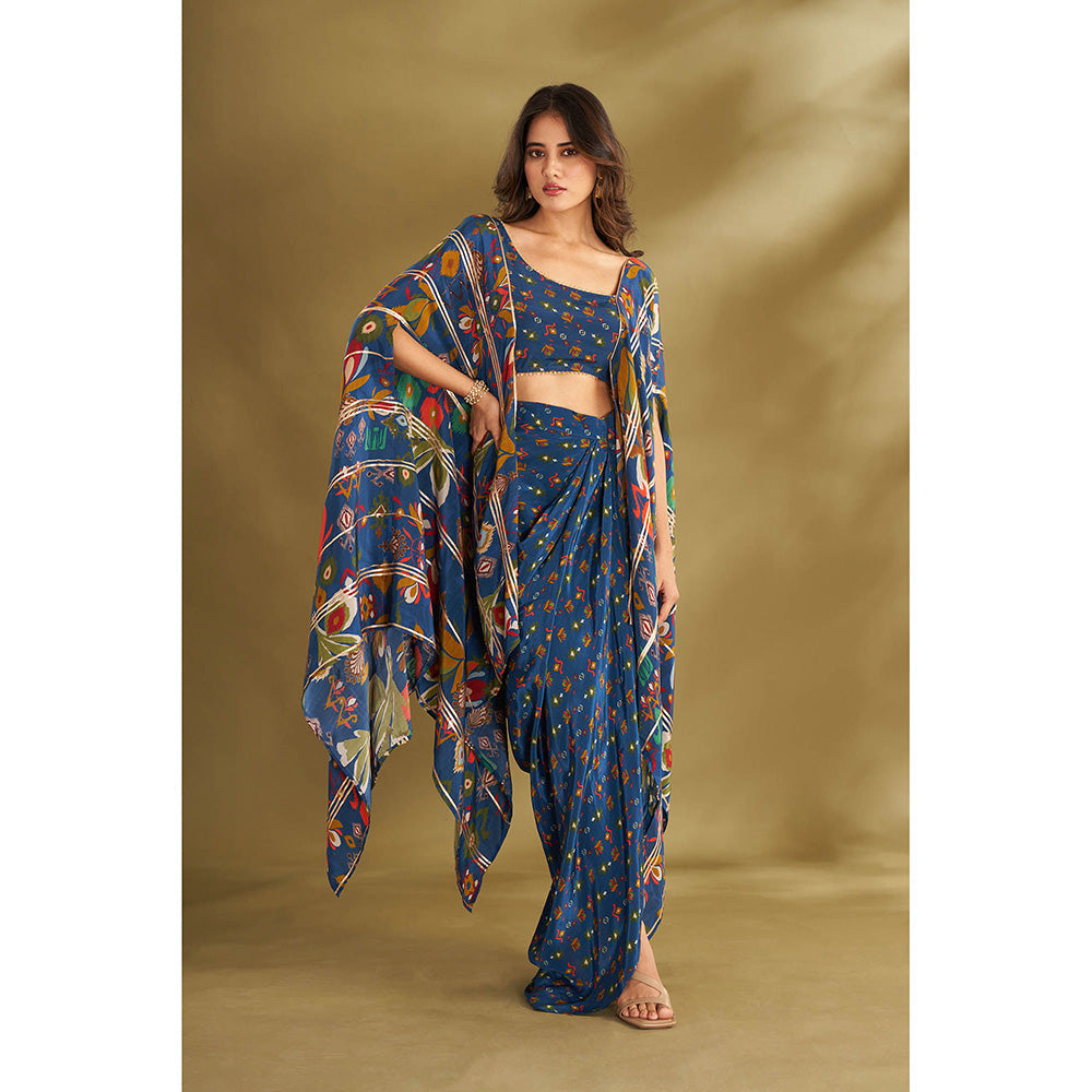 AFFROZ Blue Printed Drape Skirt With Attached Cape Blouse (Set of 2)