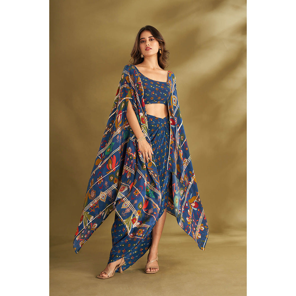 AFFROZ Blue Printed Drape Skirt With Attached Cape Blouse (Set of 2)