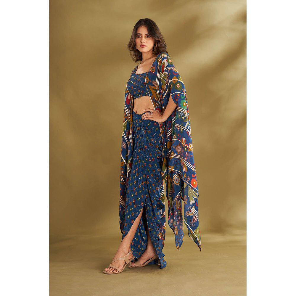 AFFROZ Blue Printed Drape Skirt With Attached Cape Blouse (Set of 2)