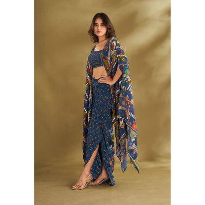 AFFROZ Blue Printed Drape Skirt With Attached Cape Blouse (Set of 2)