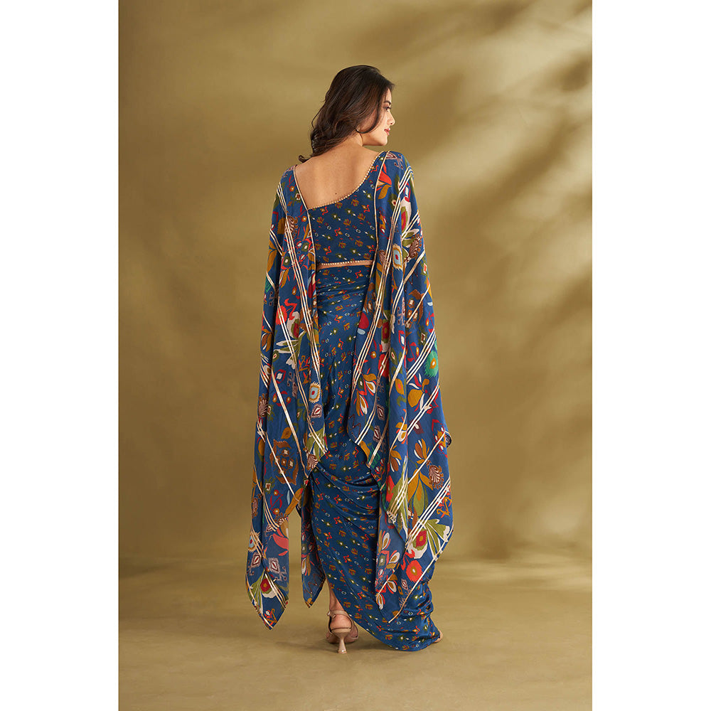 AFFROZ Blue Printed Drape Skirt With Attached Cape Blouse (Set of 2)