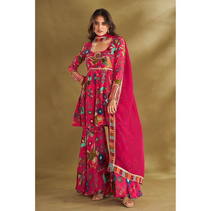 AFFROZ Pink Printed Kurta With Sharara And Dupatta (Set of 3)