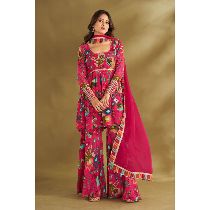 AFFROZ Pink Printed Kurta With Sharara And Dupatta (Set of 3)