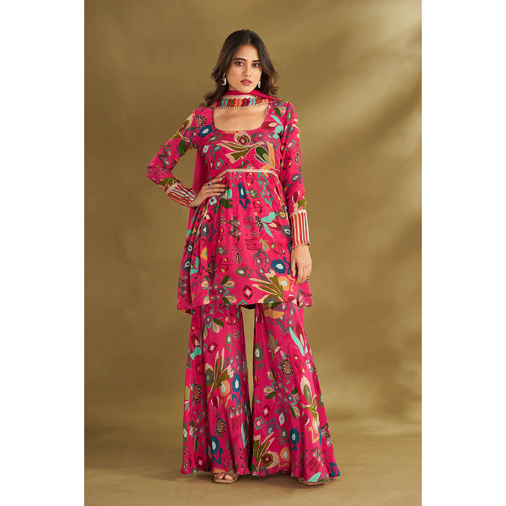 AFFROZ Pink Printed Kurta With Sharara And Dupatta (Set of 3)