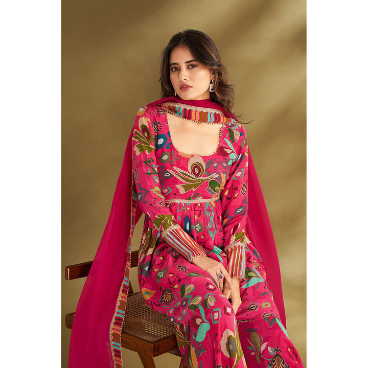 AFFROZ Pink Printed Kurta With Sharara And Dupatta (Set of 3)