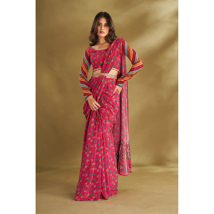 AFFROZ Pink Printed Pre-Drape Saree With Stitched Blouse And Belt with Stitched