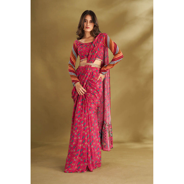 AFFROZ Pink Printed Pre-Drape Saree With Stitched Blouse And Belt with Stitched