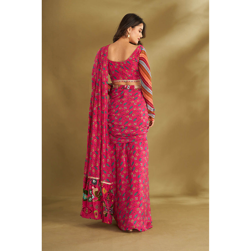 AFFROZ Pink Printed Pre-Drape Saree With Stitched Blouse And Belt with Stitched